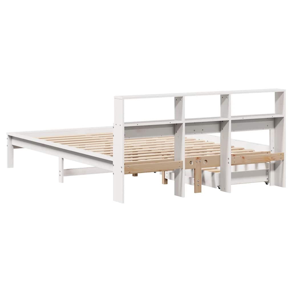 vidaXL Pat cu bibliotecă fără saltea, alb, 150x200 cm, lemn masiv pin