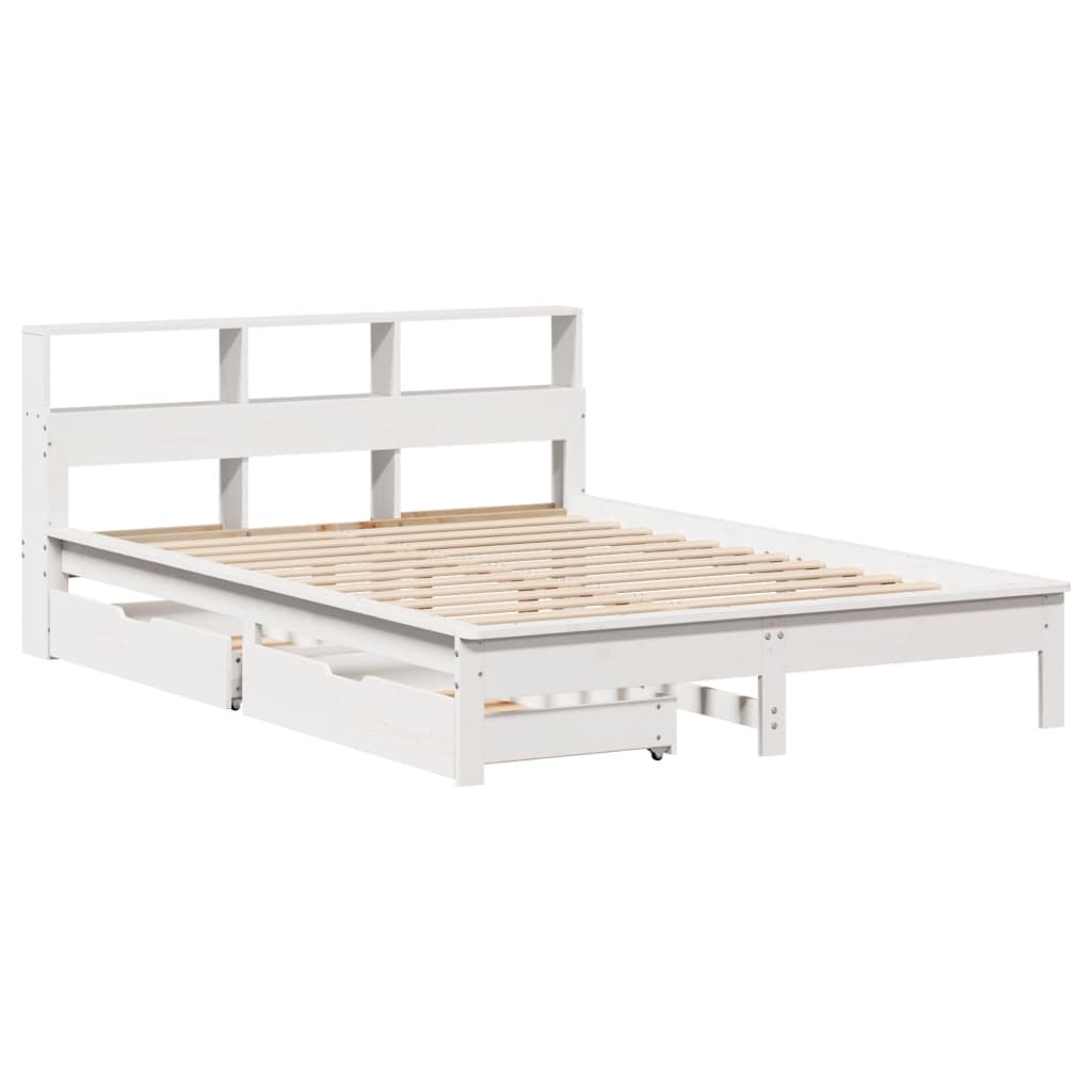 vidaXL Pat cu bibliotecă fără saltea, alb, 140x200 cm, lemn masiv pin vidaXL Pat cu bibliotecă fără saltea, alb, 140x200 cm, lemn masiv pin