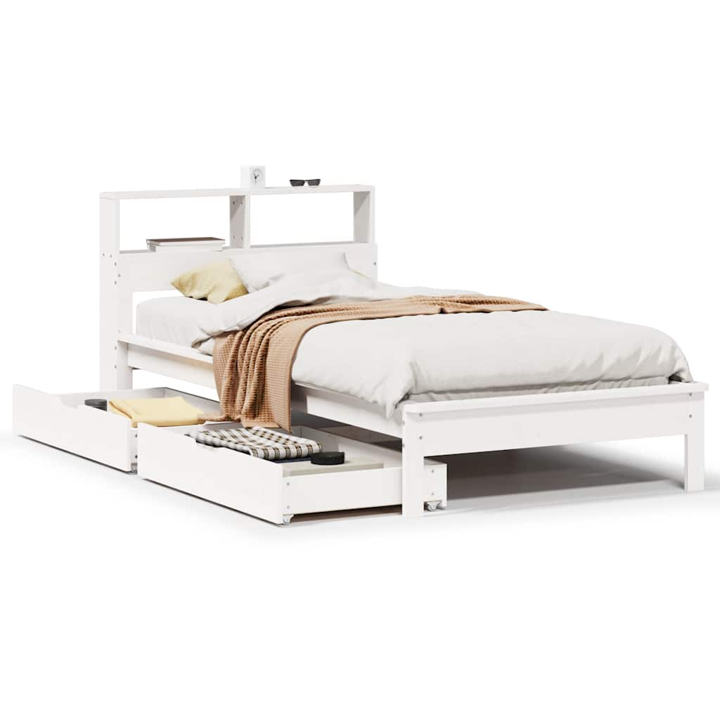 vidaXL Pat cu bibliotecă fără saltea, alb, 90x190 cm, lemn masiv pin vidaXL Pat cu bibliotecă fără saltea, alb, 90x190 cm, lemn masiv pin