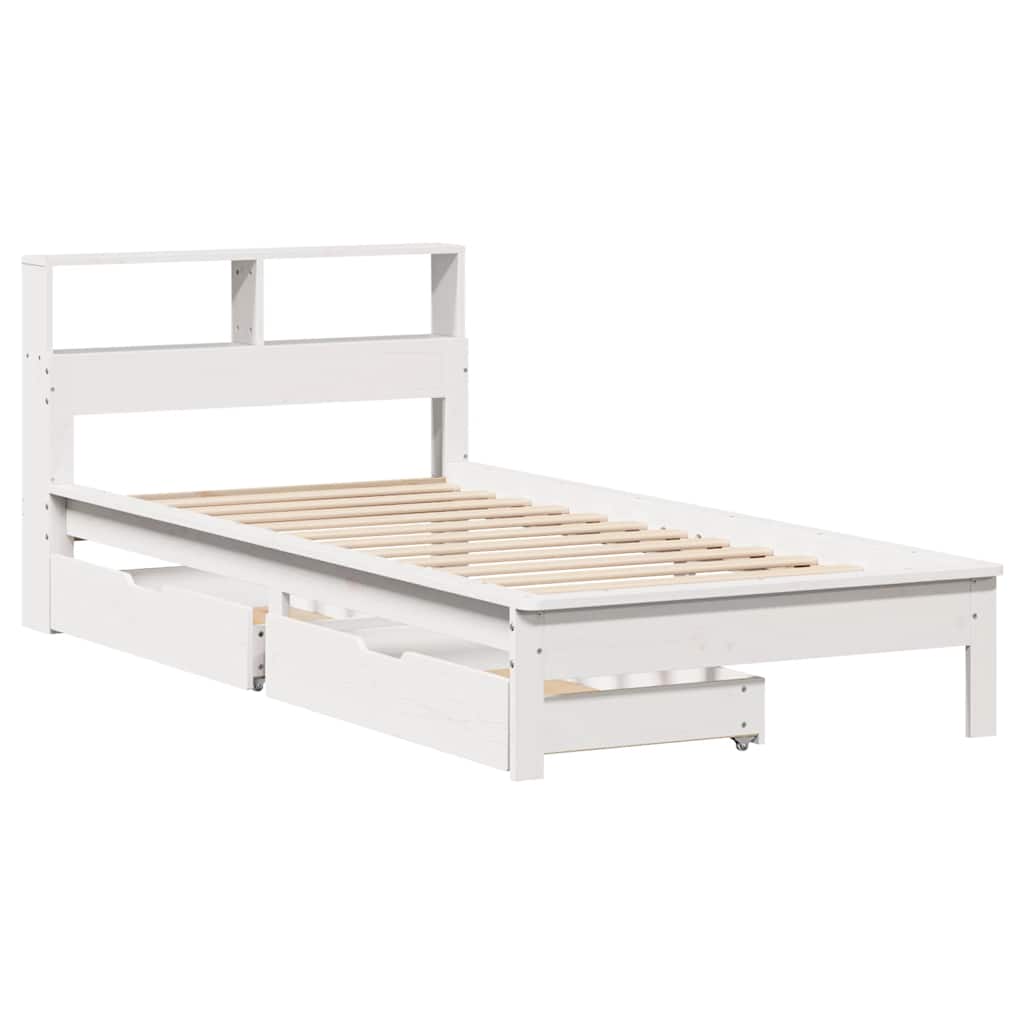 vidaXL Pat cu bibliotecă fără saltea, alb, 90x190 cm, lemn masiv pin vidaXL Pat cu bibliotecă fără saltea, alb, 90x190 cm, lemn masiv pin