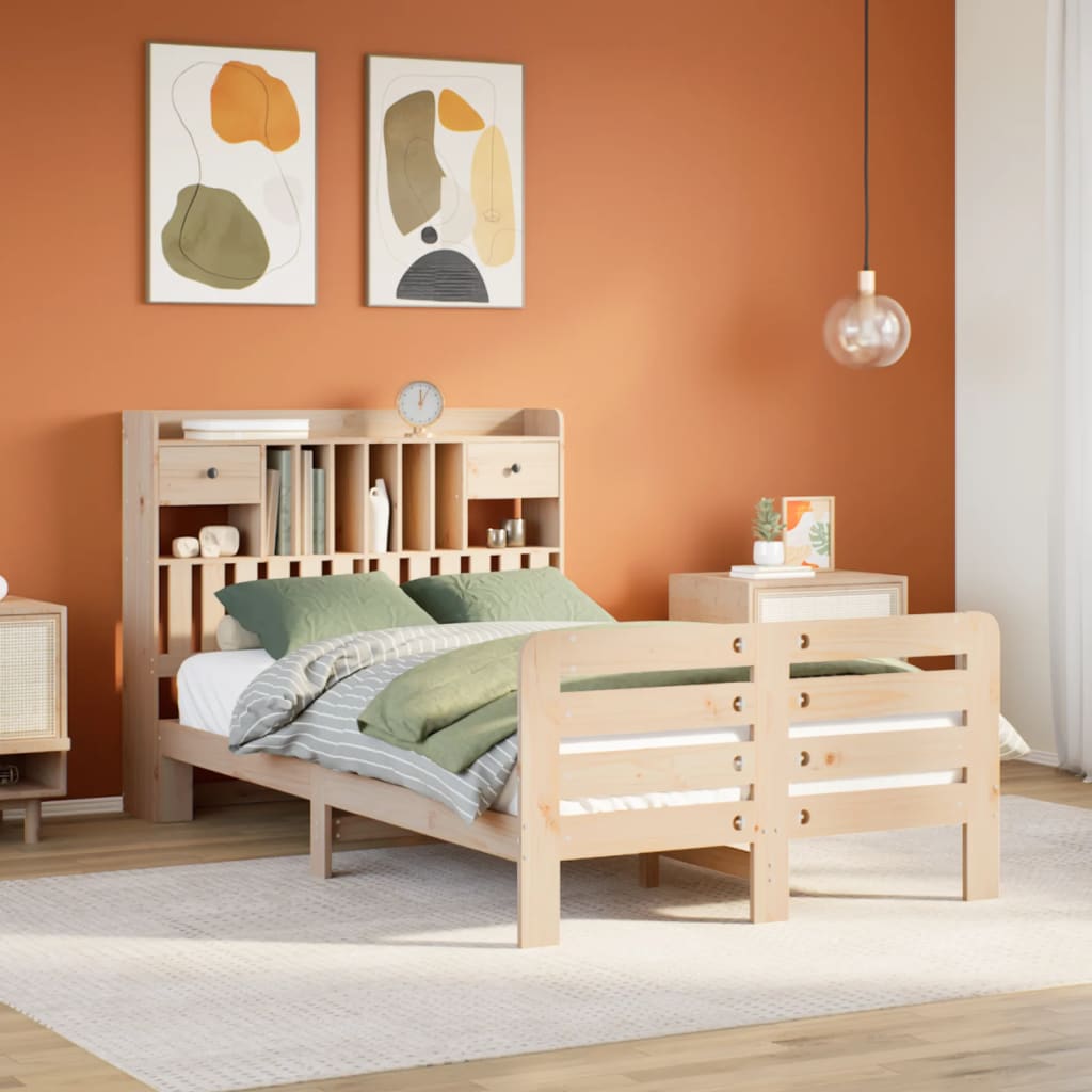 vidaXL Pat cu bibliotecă fără saltea, 135x190 cm, lemn masiv de pin vidaXL Pat cu bibliotecă fără saltea, 135x190 cm, lemn masiv de pin