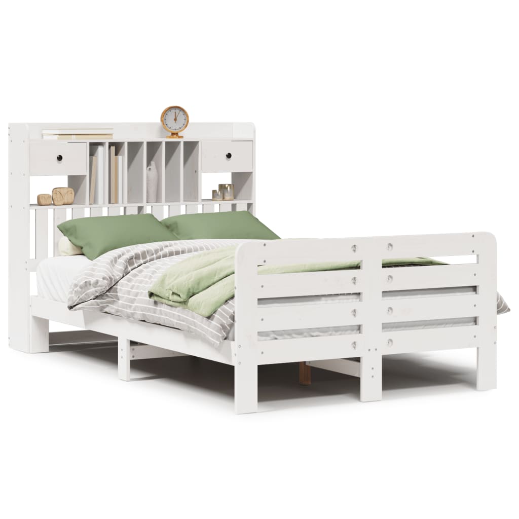 vidaXL Pat cu bibliotecă fără saltea, alb, 135x190 cm, lemn masiv pin vidaXL Pat cu bibliotecă fără saltea, alb, 135x190 cm, lemn masiv pin