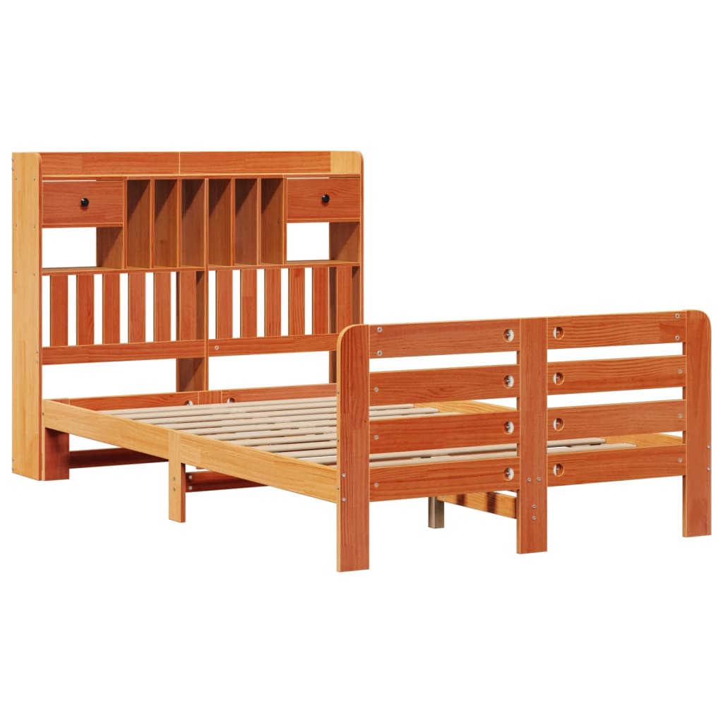 vidaXL Pat cu bibliotecă fără saltea maro 135x190 cm lemn masiv de pin