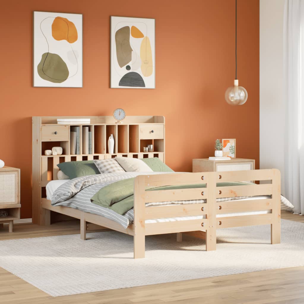 vidaXL Pat cu bibliotecă fără saltea, 140x190 cm, lemn masiv de pin vidaXL Pat cu bibliotecă fără saltea, 140x190 cm, lemn masiv de pin