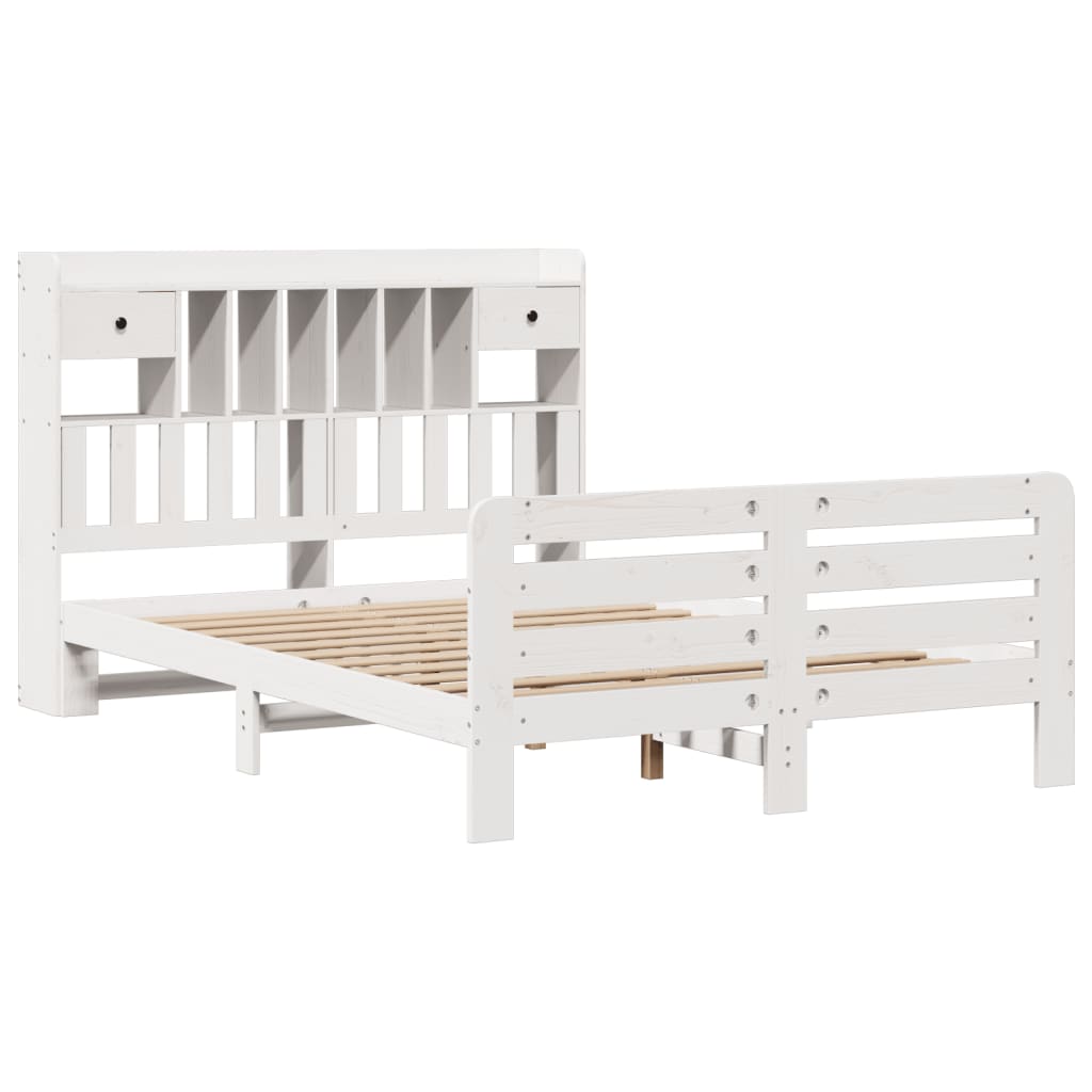vidaXL Pat cu bibliotecă fără saltea, alb, 140x190 cm, lemn masiv pin