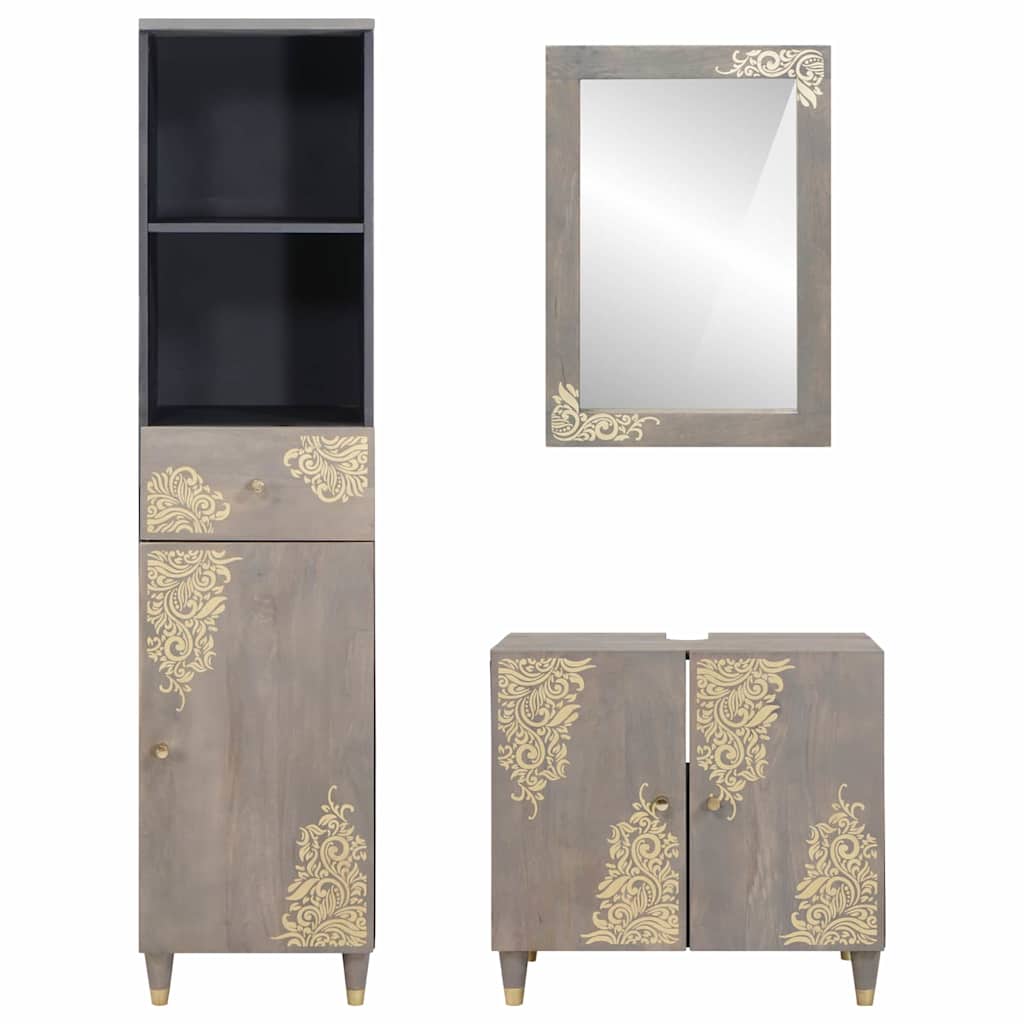 vidaXL Set dulap baie cu sertar cu ușă 3 pcs Gri Lemn de mango solid