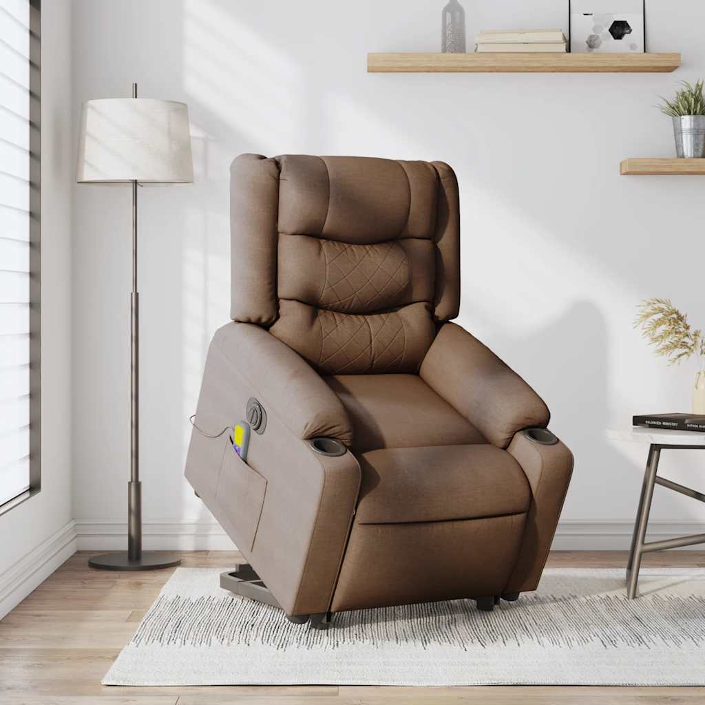 vidaXL Fotoliu electric de masaj rabatabil cu ridicare, maro, textil vidaXL Fotoliu electric de masaj rabatabil cu ridicare, maro, textil