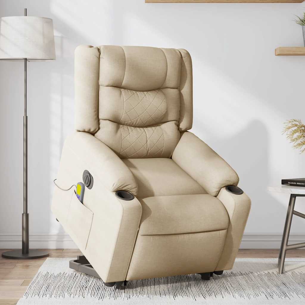 vidaXL Fotoliu electric de masaj rabatabil cu ridicare, crem, textil vidaXL Fotoliu electric de masaj rabatabil cu ridicare, crem, textil