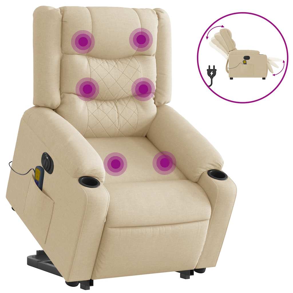 vidaXL Fotoliu electric de masaj rabatabil cu ridicare, crem, textil vidaXL Fotoliu electric de masaj rabatabil cu ridicare, crem, textil