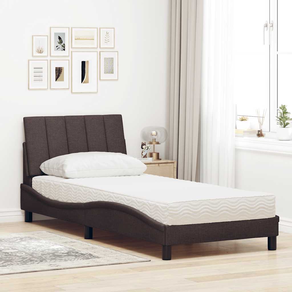 vidaXL Pat cu saltea, maro închis, 90x190 cm, textil vidaXL Pat cu saltea, maro închis, 90x190 cm, textil