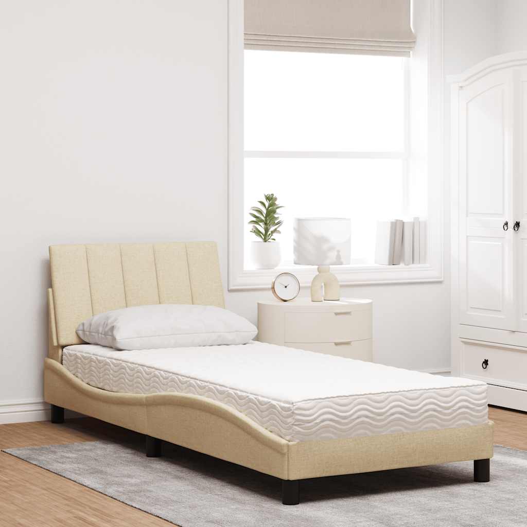 vidaXL Pat cu saltea, crem, 90x190 cm, textil vidaXL Pat cu saltea, crem, 90x190 cm, textil