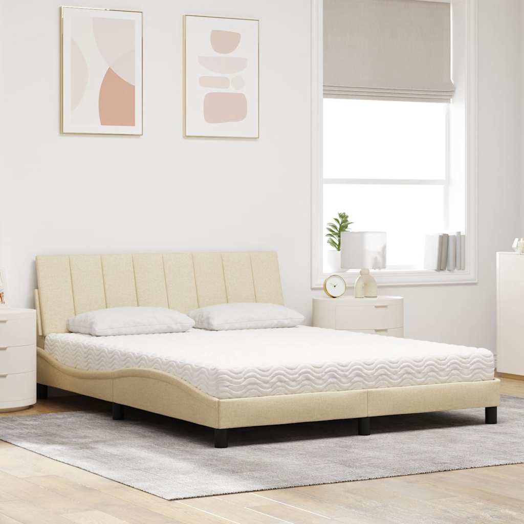vidaXL Pat cu saltea, crem, 160x200 cm, material textil vidaXL Pat cu saltea, crem, 160x200 cm, material textil