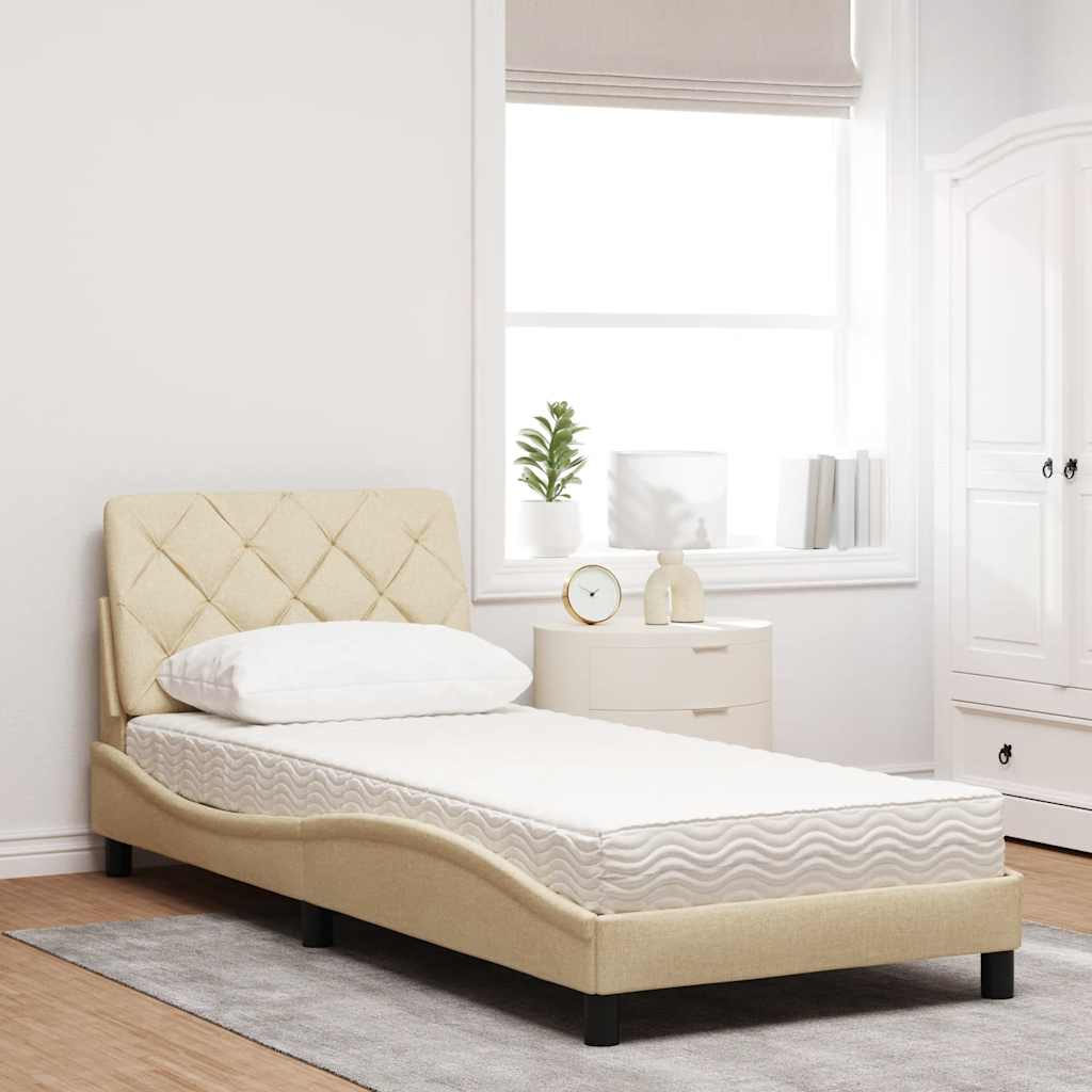 vidaXL Pat cu saltea, crem, 90x190 cm, textil vidaXL Pat cu saltea, crem, 90x190 cm, textil