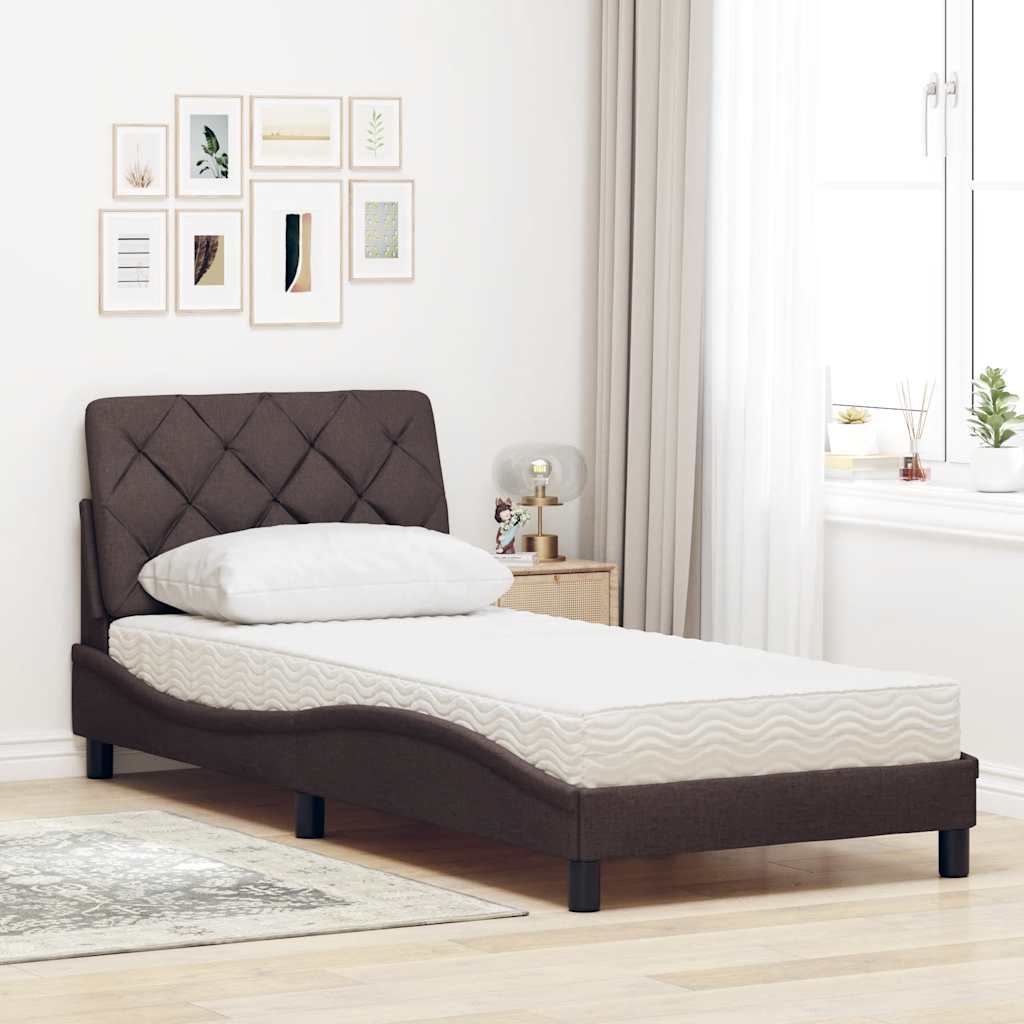 vidaXL Pat cu saltea, maro închis, 90x200 cm, textil vidaXL Pat cu saltea, maro închis, 90x200 cm, textil