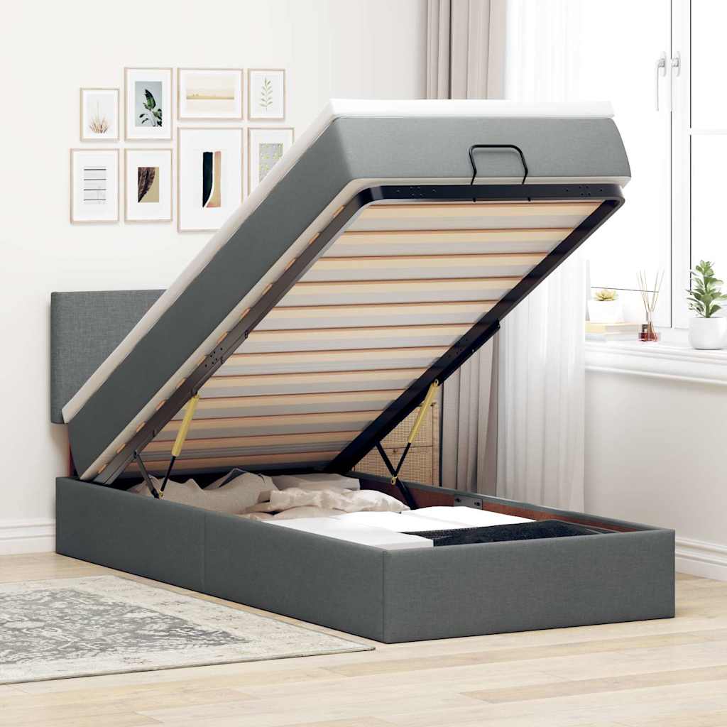 vidaXL Pat otoman cu saltea țesătură gri închis 90x200 cm vidaXL Pat otoman cu saltea țesătură gri închis 90x200 cm