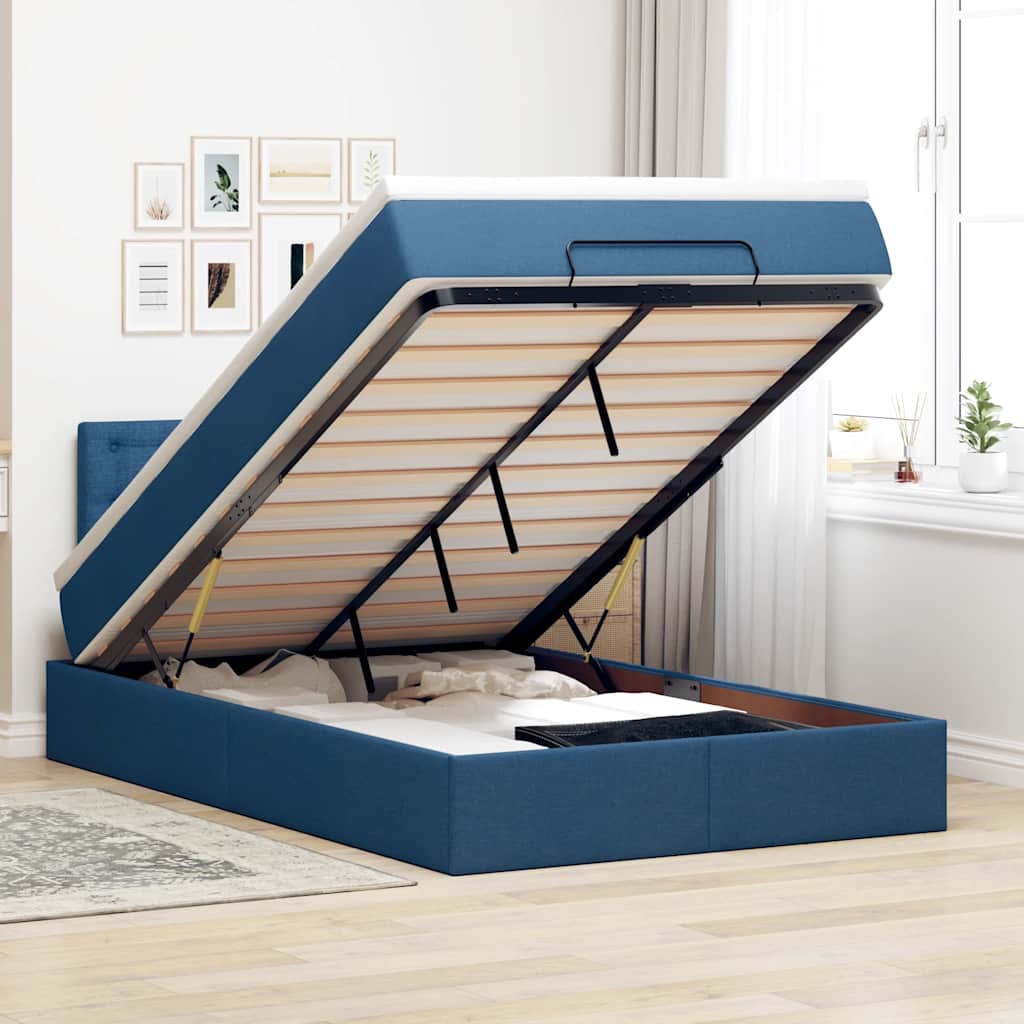 vidaXL Pat otoman cu saltea albastru 120x200 cm stofa vidaXL Pat otoman cu saltea albastru 120x200 cm stofa