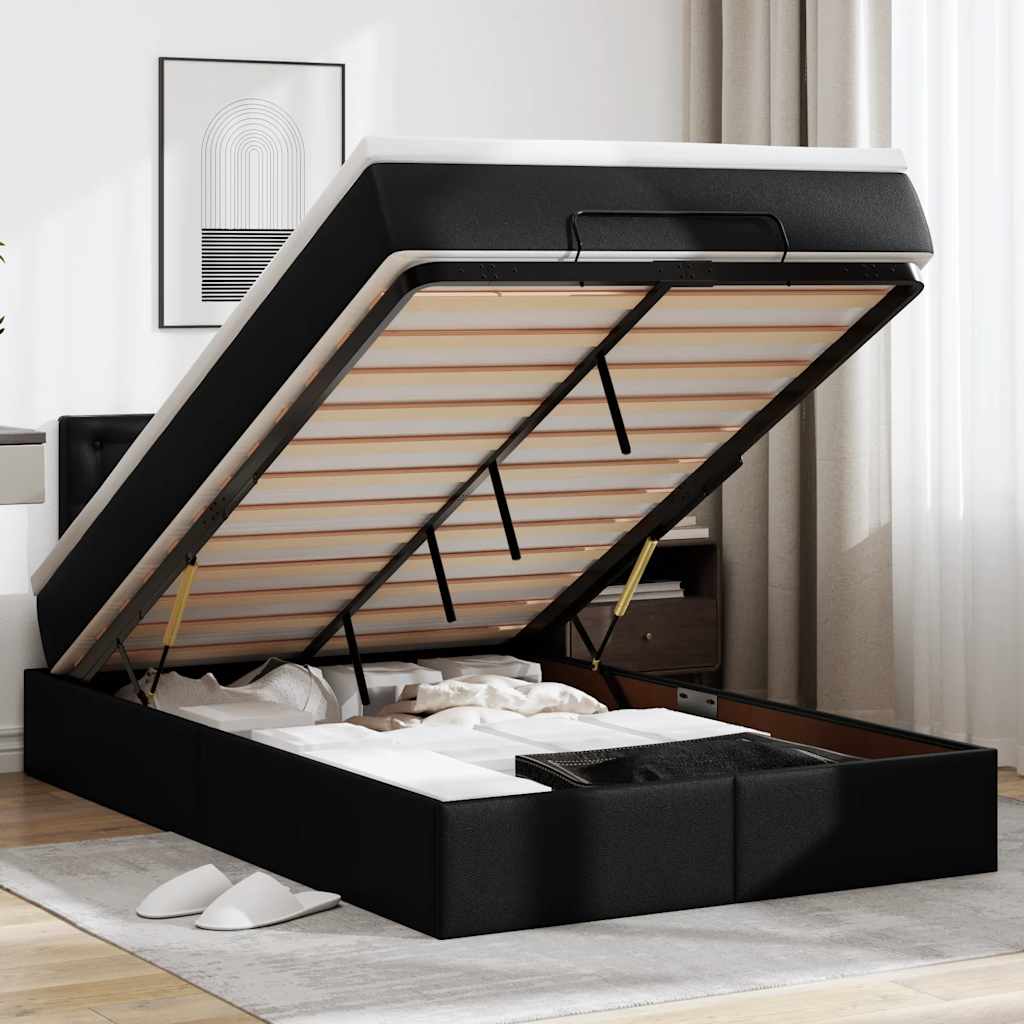vidaXL Pat otoman cu saltele și LEDs, negru 120x190cm, piele ecologică vidaXL Pat otoman cu saltele și LEDs, negru 120x190cm, piele ecologică