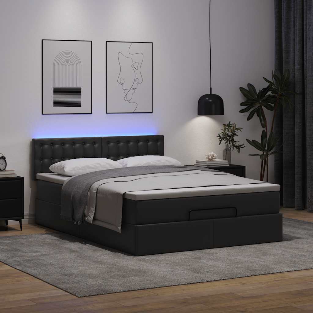 vidaXL Pat otoman cu saltele și LEDs, negru 140x190cm, piele ecologică vidaXL Pat otoman cu saltele și LEDs, negru 140x190cm, piele ecologică
