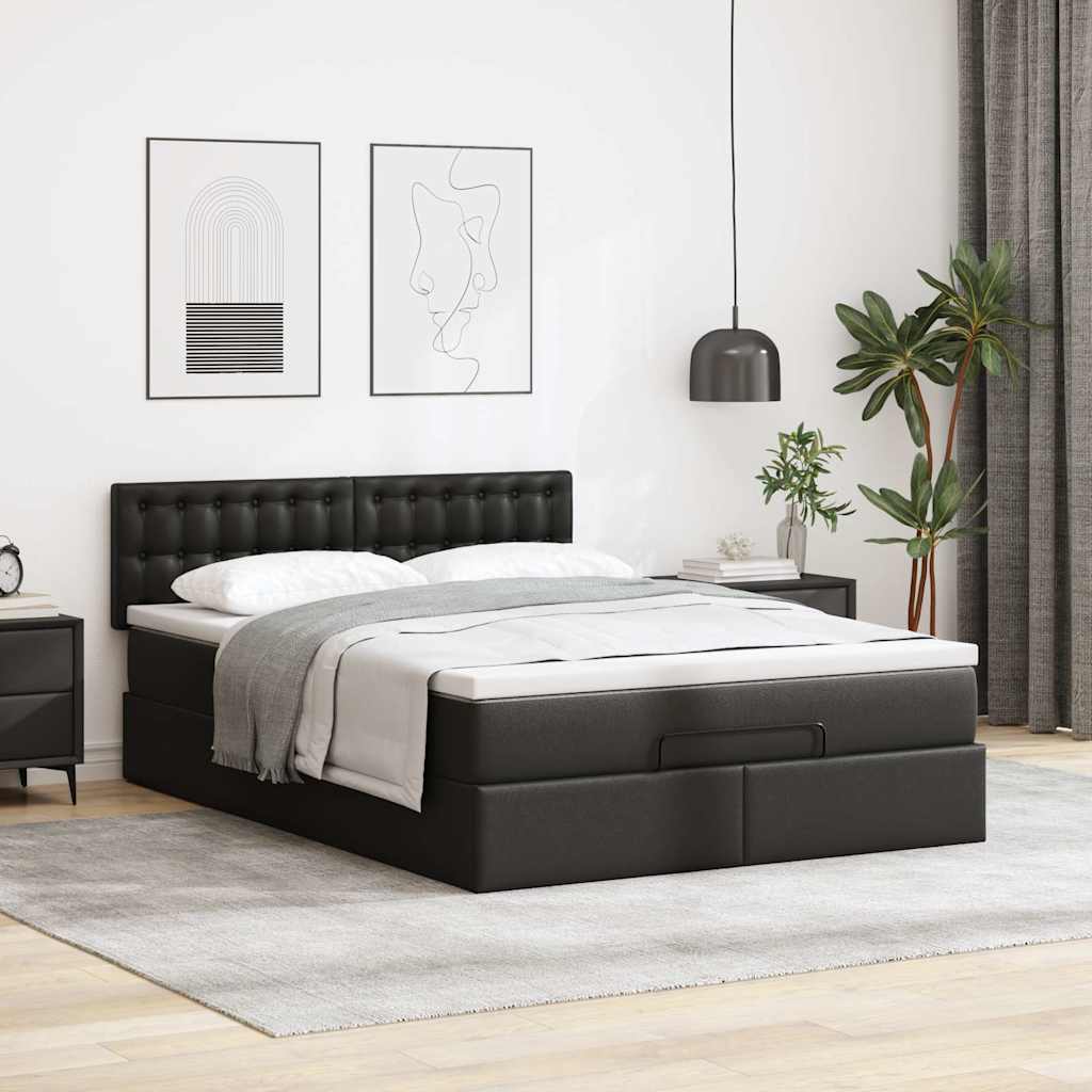 vidaXL Pat otoman cu saltele și LEDs, negru 140x190cm, piele ecologică vidaXL Pat otoman cu saltele și LEDs, negru 140x190cm, piele ecologică