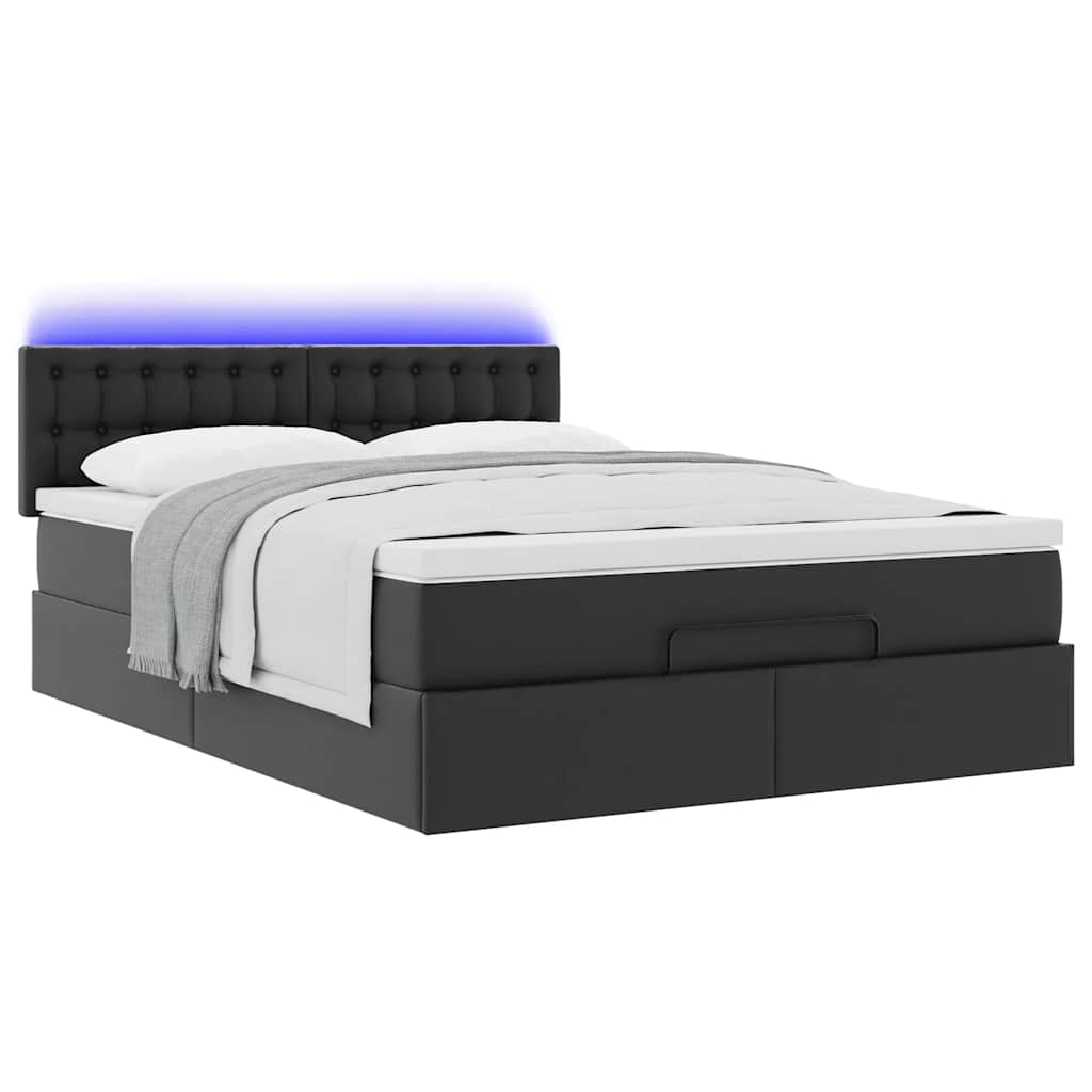 vidaXL Pat otoman cu saltele și LEDs, negru 140x190cm, piele ecologică vidaXL Pat otoman cu saltele și LEDs, negru 140x190cm, piele ecologică