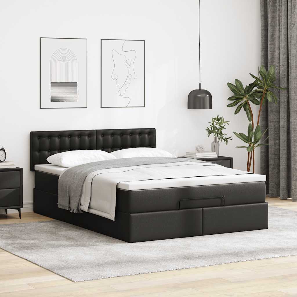 vidaXL Pat otoman cu saltele și LEDs, negru 140x200cm, piele ecologică
