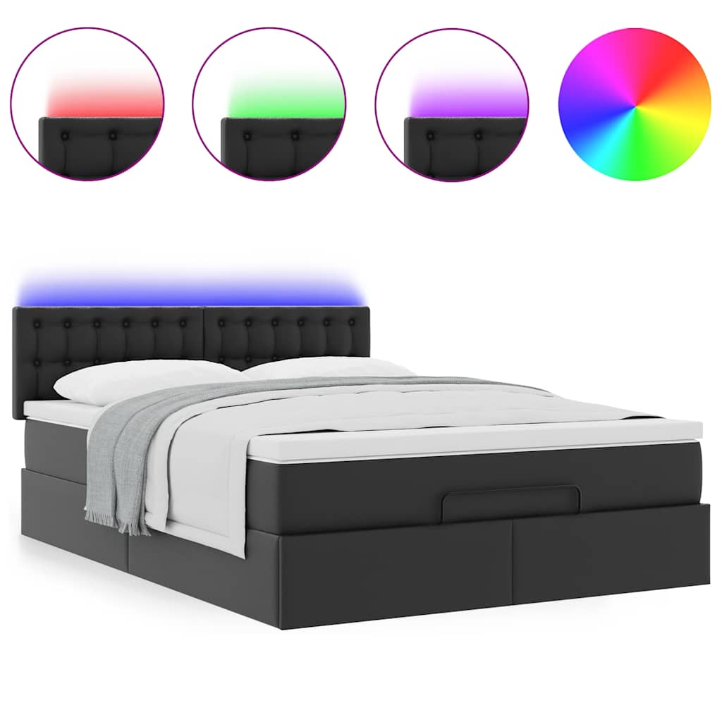 vidaXL Pat otoman cu saltele și LEDs, negru 140x200cm, piele ecologică
