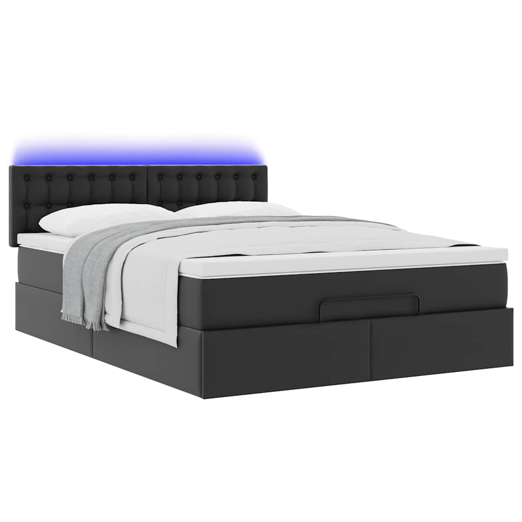 vidaXL Pat otoman cu saltele și LEDs, negru 140x200cm, piele ecologică