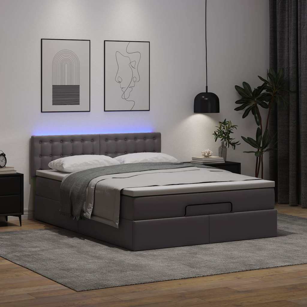 vidaXL Pat otoman cu saltele și LEDs, gri, 140x200cm, piele ecologică vidaXL Pat otoman cu saltele și LEDs, gri, 140x200cm, piele ecologică