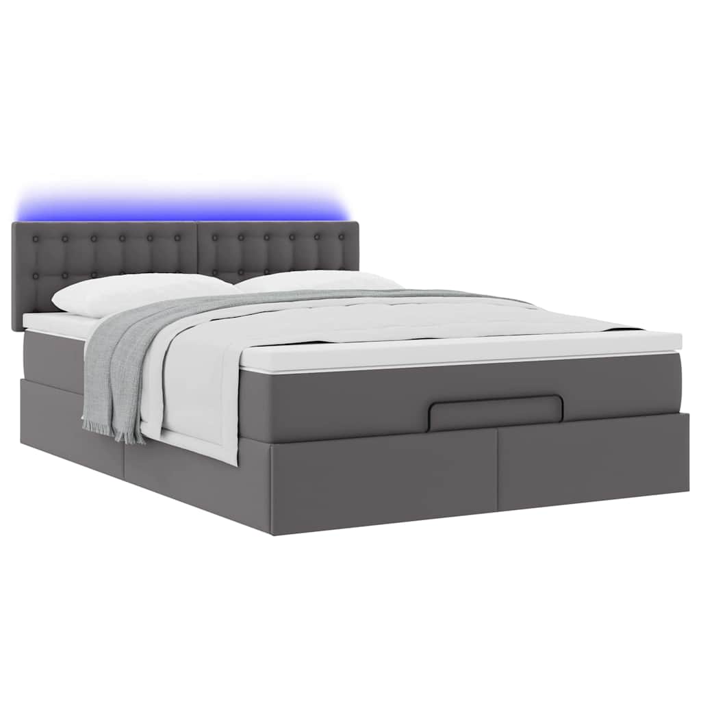 vidaXL Pat otoman cu saltele și LEDs, gri, 140x200cm, piele ecologică vidaXL Pat otoman cu saltele și LEDs, gri, 140x200cm, piele ecologică