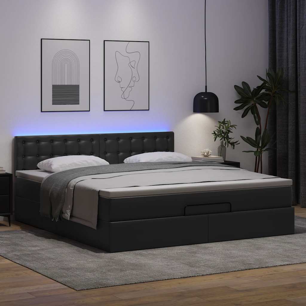 vidaXL Pat otoman cu saltele și LEDs, negru 160x200cm, piele ecologică vidaXL Pat otoman cu saltele și LEDs, negru 160x200cm, piele ecologică