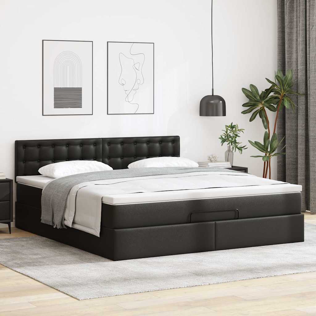 vidaXL Pat otoman cu saltele și LEDs, negru 160x200cm, piele ecologică vidaXL Pat otoman cu saltele și LEDs, negru 160x200cm, piele ecologică