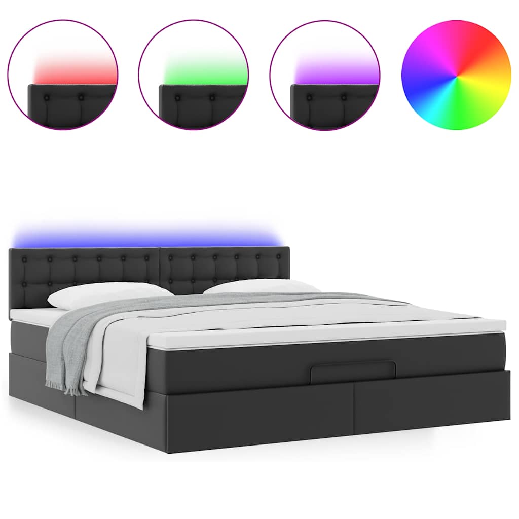 vidaXL Pat otoman cu saltele și LEDs, negru 160x200cm, piele ecologică vidaXL Pat otoman cu saltele și LEDs, negru 160x200cm, piele ecologică