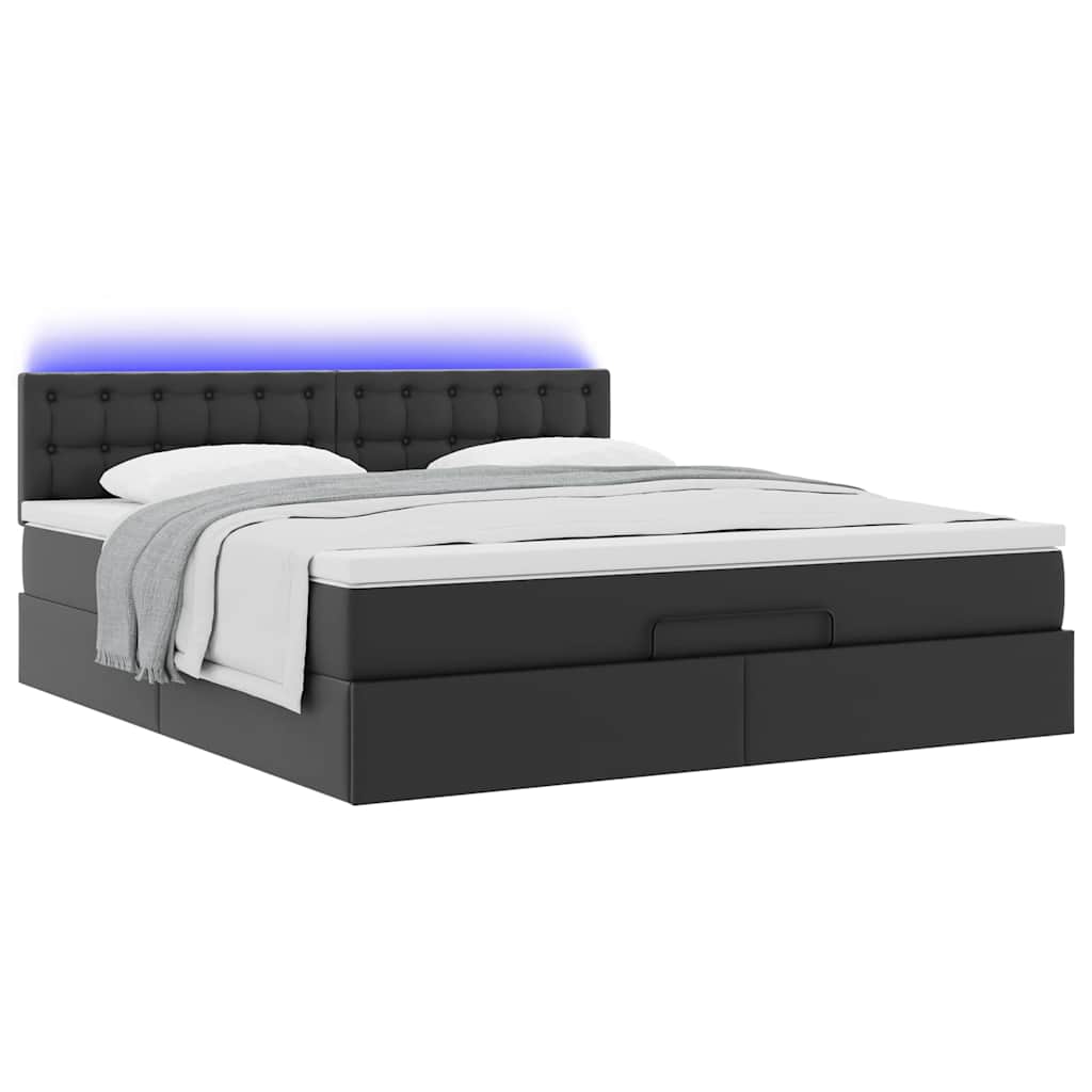 vidaXL Pat otoman cu saltele și LEDs, negru 160x200cm, piele ecologică vidaXL Pat otoman cu saltele și LEDs, negru 160x200cm, piele ecologică