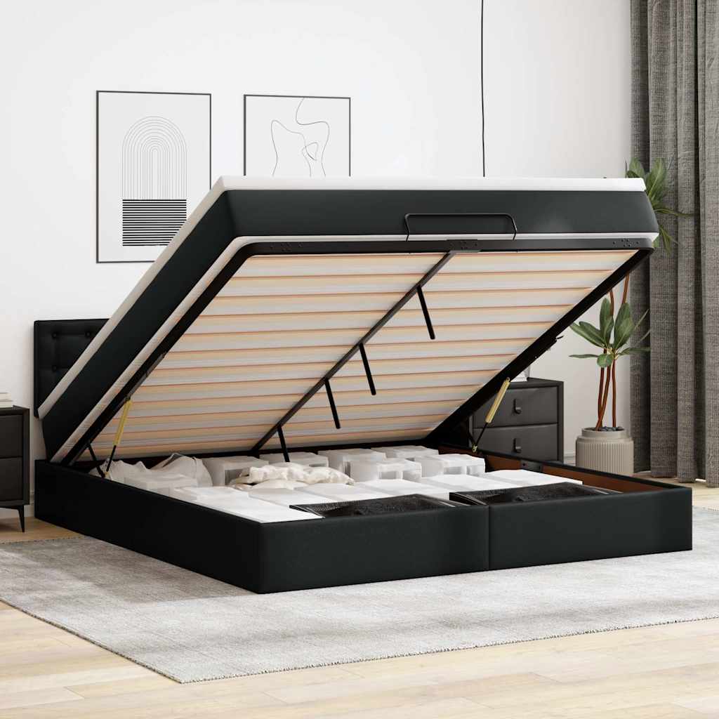 vidaXL Pat otoman cu saltele și LEDs, negru 160x200cm, piele ecologică vidaXL Pat otoman cu saltele și LEDs, negru 160x200cm, piele ecologică