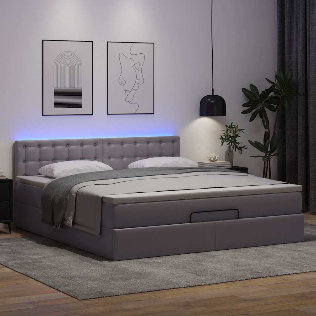 vidaXL Pat otoman cu saltele și LEDs, gri, 160x200cm, piele ecologică vidaXL Pat otoman cu saltele și LEDs, gri, 160x200cm, piele ecologică