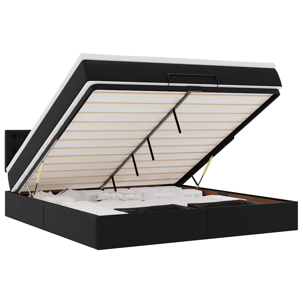 vidaXL Pat otoman cu saltele și LEDs, negru 180x200cm, piele ecologică