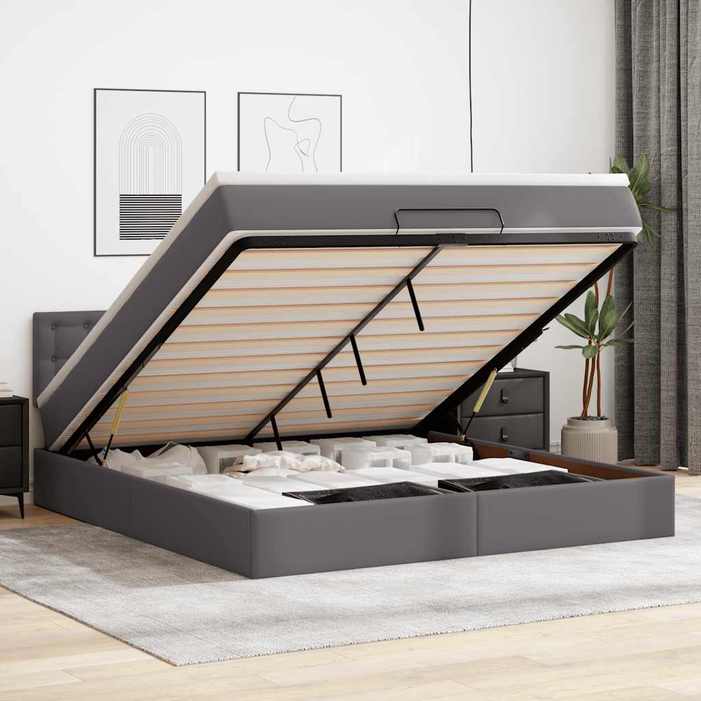 vidaXL Pat otoman cu saltele și LEDs, gri, 180x200cm, piele ecologică vidaXL Pat otoman cu saltele și LEDs, gri, 180x200cm, piele ecologică