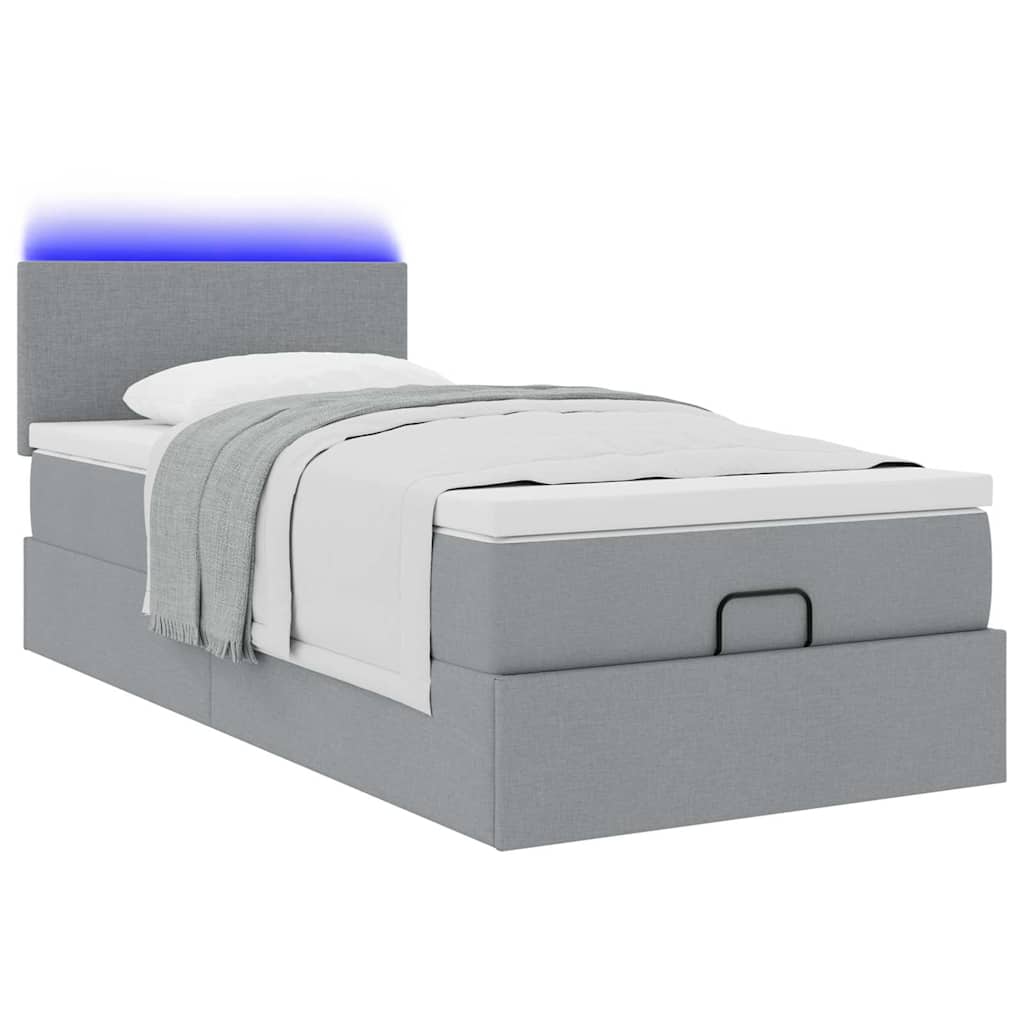 vidaXL Pat otoman cu saltea și LED-uri, gri deschis, 90x200 cm, textil