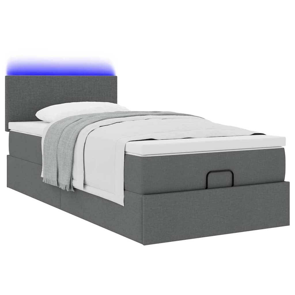 vidaXL Pat otoman cu saltea și LED-uri, gri închis, 90x200 cm, textil