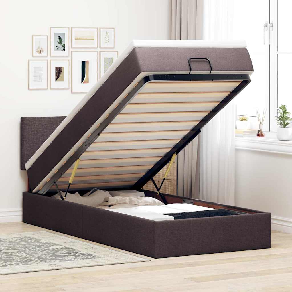 vidaXL Pat otoman cu saltea și LED-uri, maro închis, 90x200 cm, textil vidaXL Pat otoman cu saltea și LED-uri, maro închis, 90x200 cm, textil