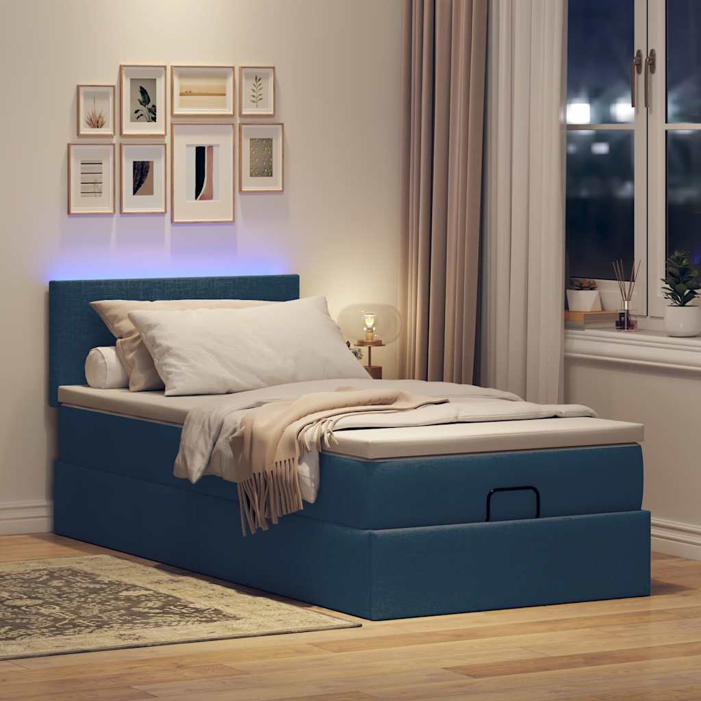 vidaXL Pat otoman cu saltea și LED-uri albastru 100x200 cm țesătură