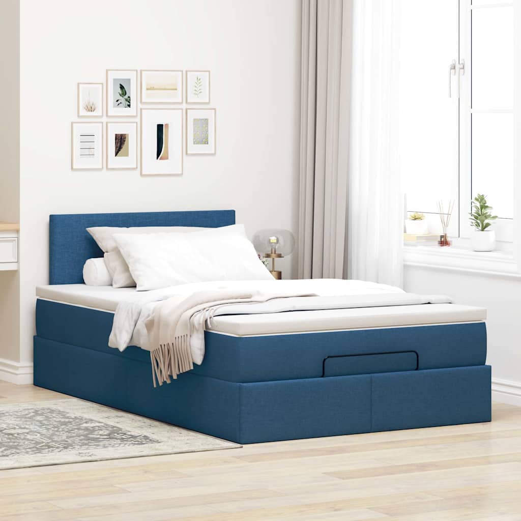 vidaXL Pat otoman cu saltea și LED-uri, țesătură albastră 120x200 cm
