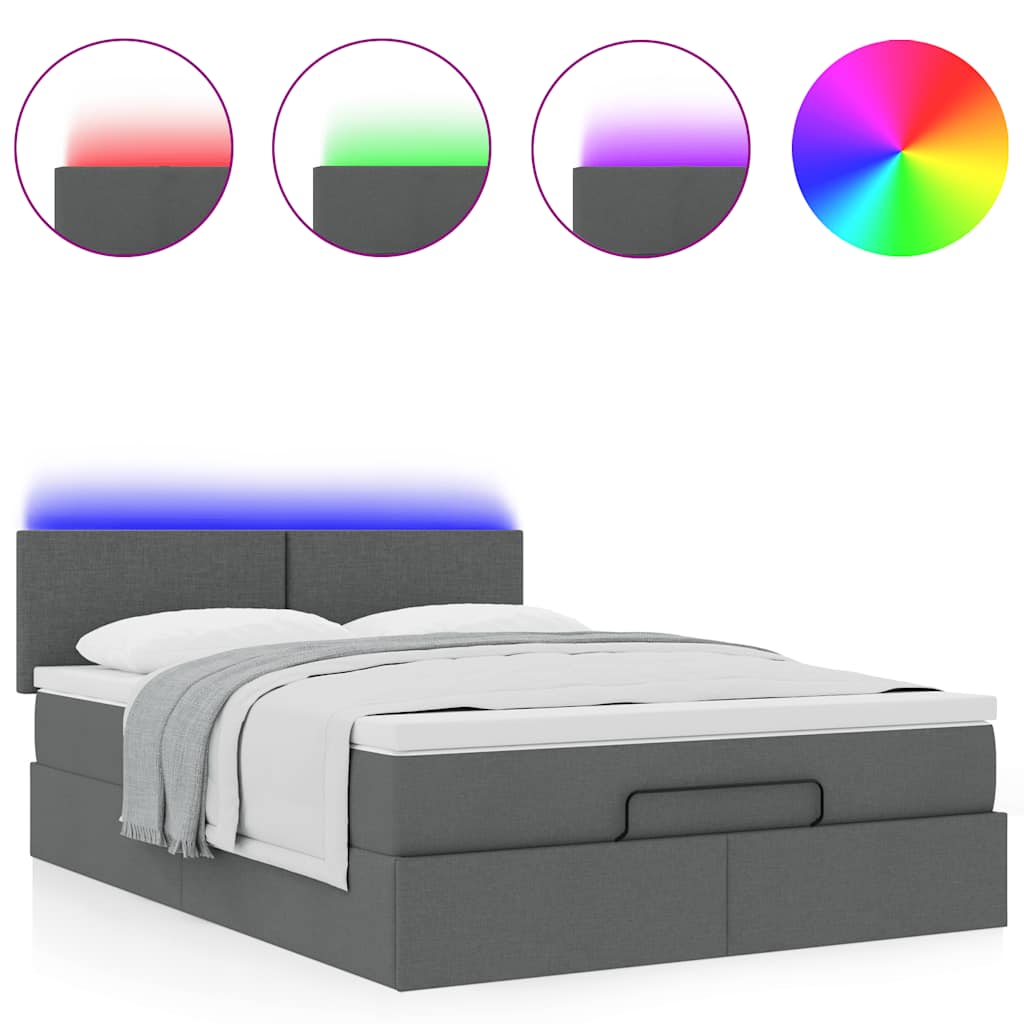 vidaXL Pat otoman cu saltea și LED-uri țesătură gri închis 140x190 cm