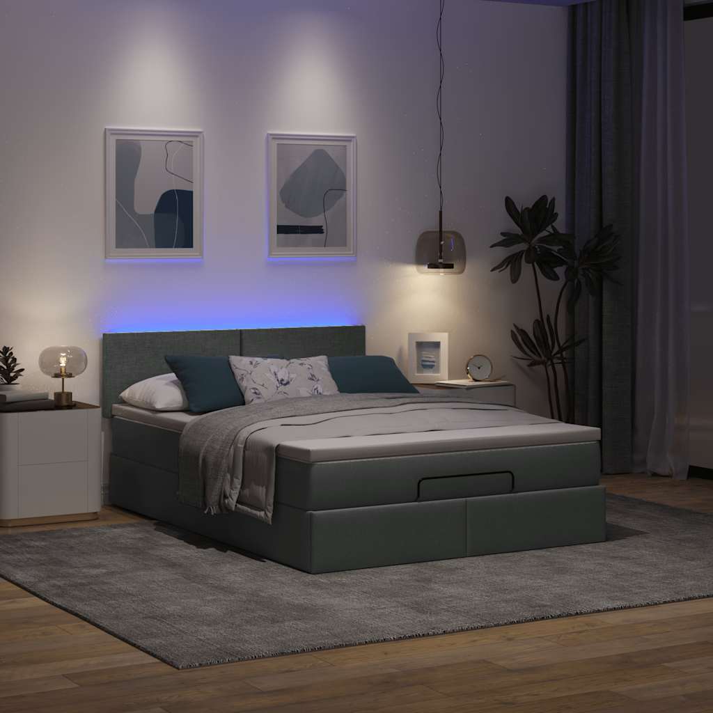vidaXL Pat otoman cu saltea și LED-uri țesătură gri închis 140x200 cm