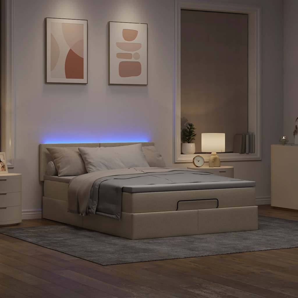 vidaXL Pat otoman cu saltea și LED-uri crem 140x200 cm țesătură