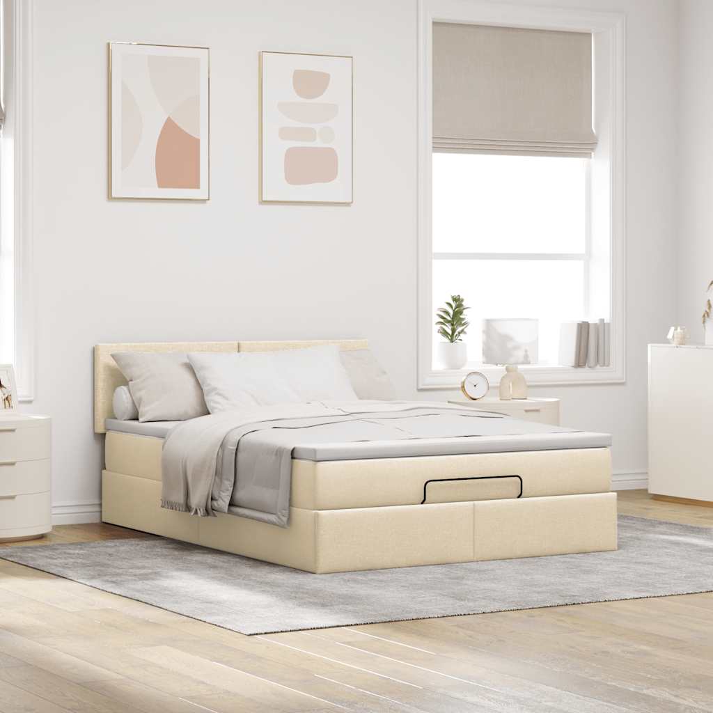 vidaXL Pat otoman cu saltea și LED-uri crem 140x200 cm țesătură