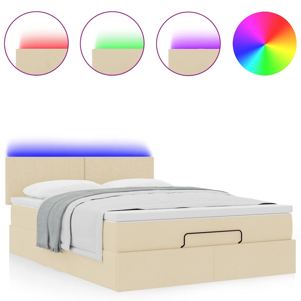 vidaXL Pat otoman cu saltea și LED-uri crem 140x200 cm țesătură