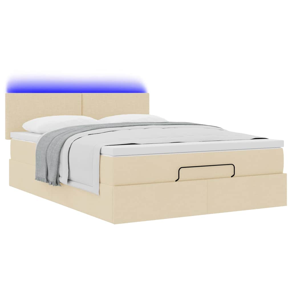 vidaXL Pat otoman cu saltea și LED-uri crem 140x200 cm țesătură
