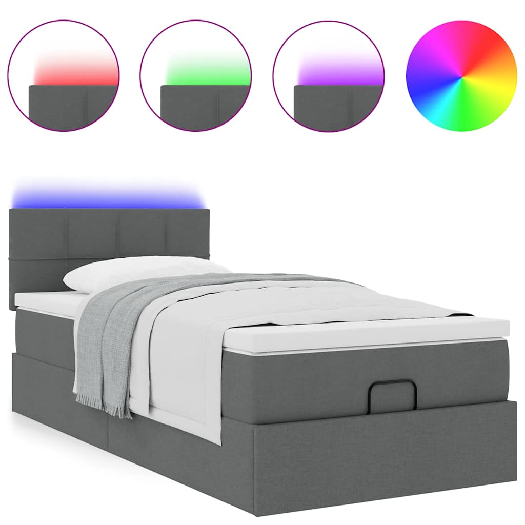 vidaXL Pat otoman cu saltea și LED-uri, gri închis, 90x200 cm, textil