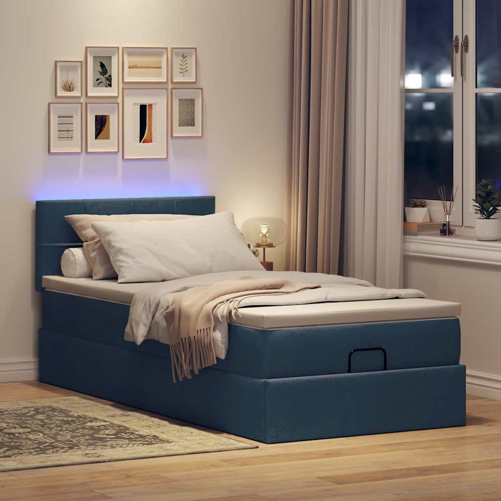 vidaXL Pat otoman cu saltea și LED-uri albastru 100x200 cm țesătură